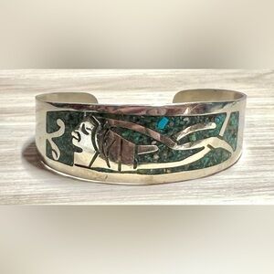 Vintage Stamped (Hecho En Mexico) Silver Crushed Turquoise Inlay Cuff Bracelet